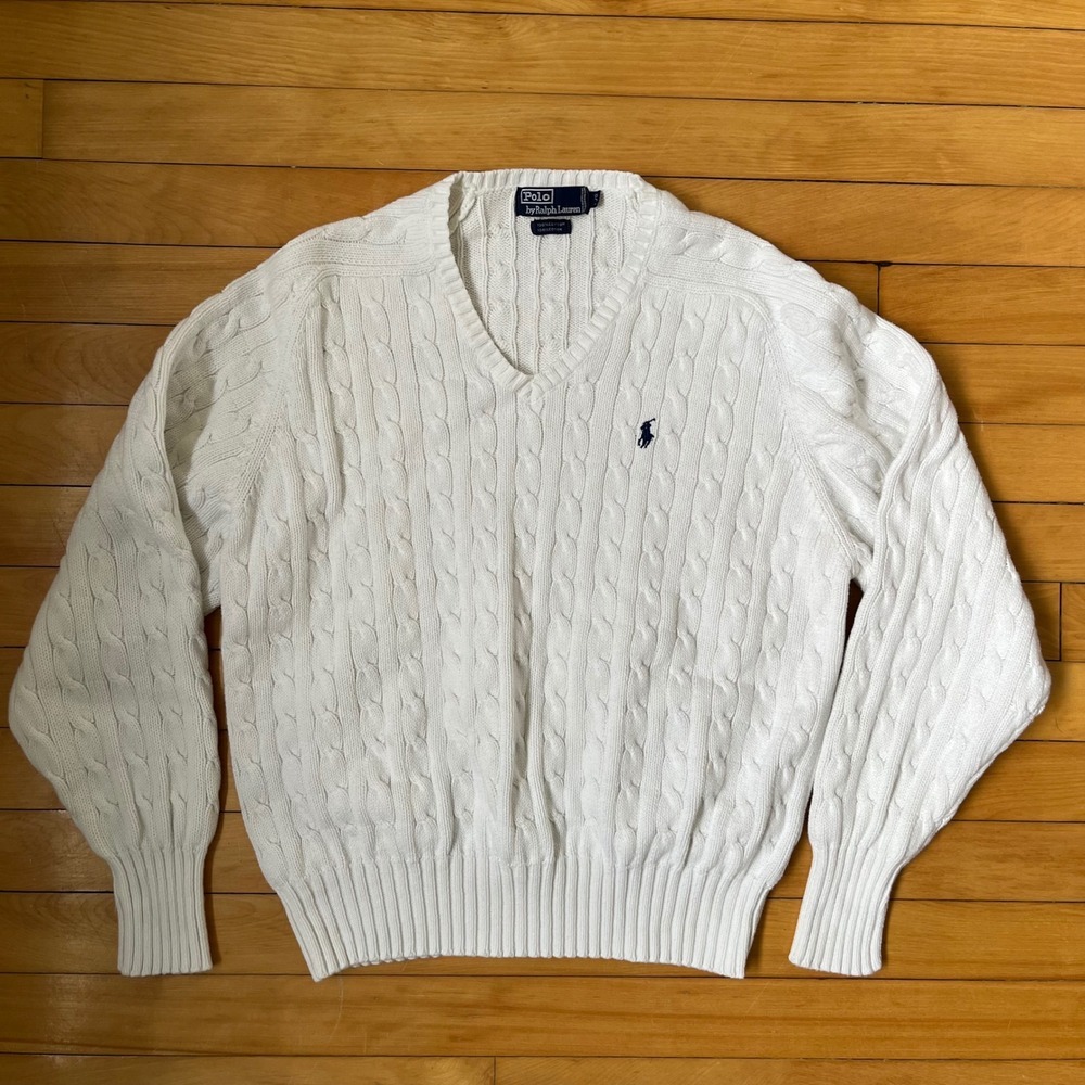 Polo Ralph Lauren White Cable Knit Cotton V-Neck Sweater Mens Large Navy Pony